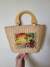 Vintage straw Wicker purse Bag wooden handles Tropical Scene - £15.55 GBP