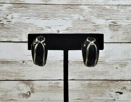 Vintage Clip On Earrings - Black &amp; Silver Tone Chunky Half Hoops - £10.52 GBP