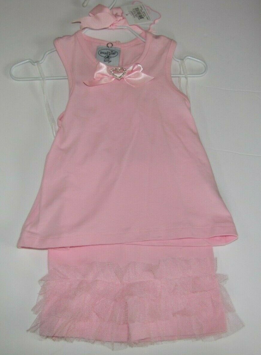 Mud Pie Baby Girl Pink Tulle Ruffle Rhinestone Heart Capri Tank Summer 12-18 NEW - $29.70