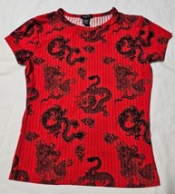 Rue 21 Women&#39;s Stretchy Red Drsgon Logo Shirt Size L - £3.84 GBP