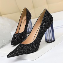 Fashion Transparent Crystal Heel Thick Heel High Heel Shallow Point Sexy Nightcl - £43.09 GBP