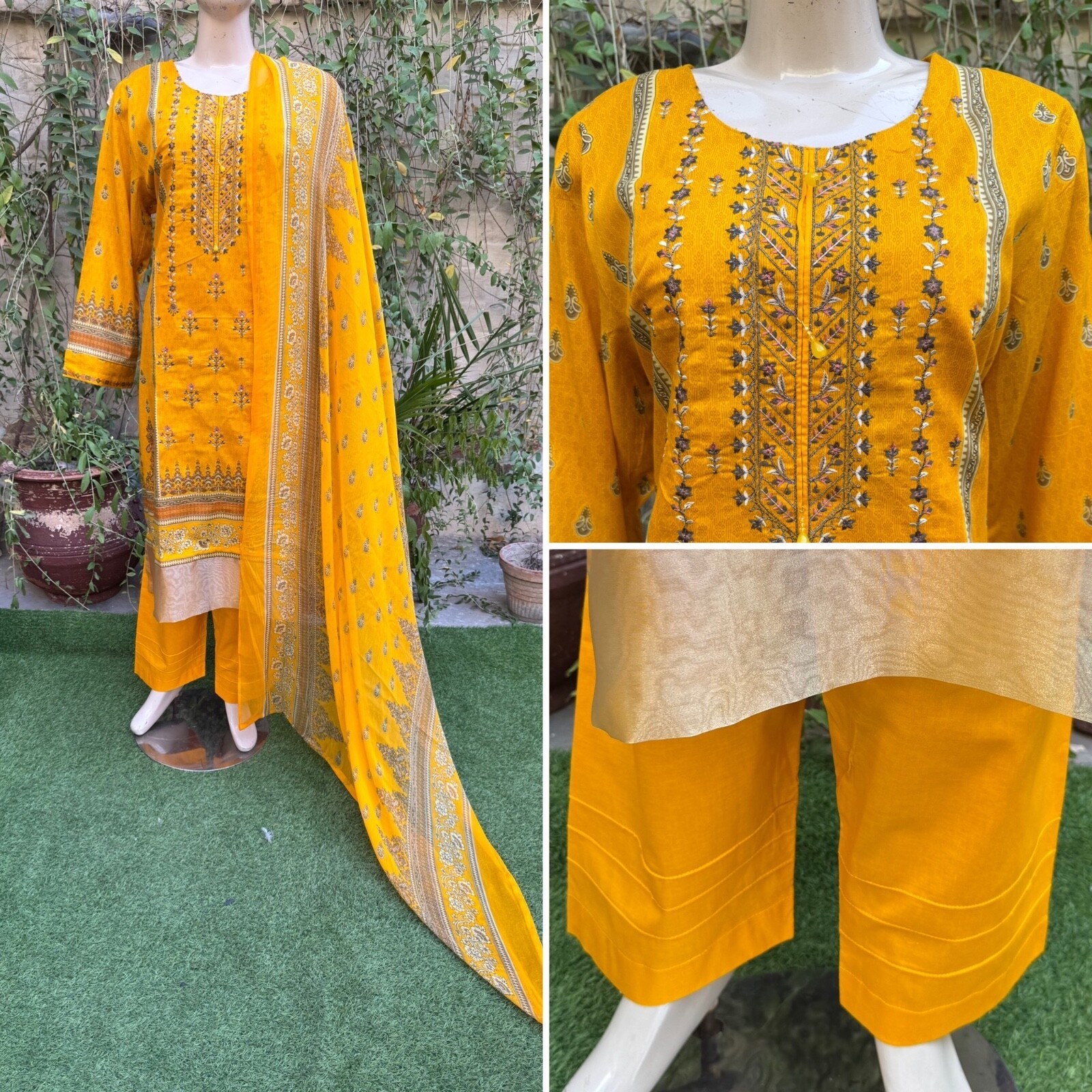 Pakistani yellow Printed Straight Shirt 3-PCS Lawn Suit w/ Thread work ,... - $56.43