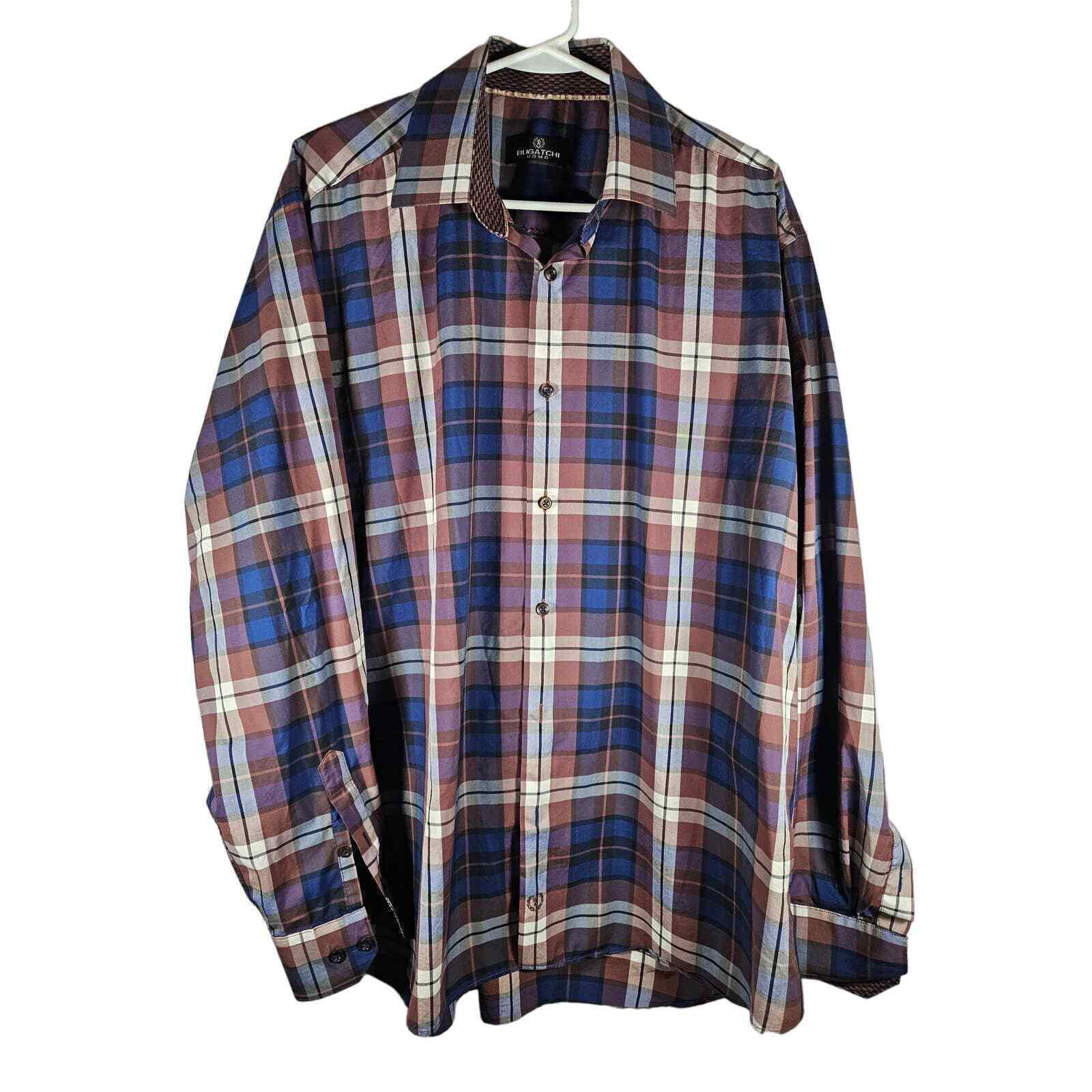 Bugatchi Uomo Men&#39;s Long Sleeve Button Down Plaid Shirt Browns Blues XL - $17.44