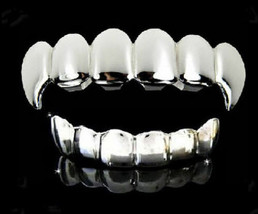 Hip Hop Silver Platinum Mouth Teeth Upper Top Lower Bottom Set New Fangs Grillz - £7.89 GBP
