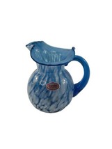 Vintage Hand Blown Ruffled Swirl Blue White Speckled Art Glass Pitcher V... - £17.88 GBP