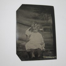 Tintype Photo Young Child Blonde Curls Sits in Chair Pouting Face Antique - £31.96 GBP