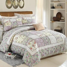 3pc Lavender &amp; White Floral Patchwork 100% Cotton Queen Bedspread Quilt Set - £181.18 GBP
