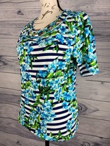 Rafaella Cotton Tee Shirt Women Mp Short Sleeves Floral Stripes Embellished Neck - £5.66 GBP