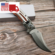 8” Manual Folding Knife Wood Handle EDC Survival Pocket Blade Belt Clip Camping  - £15.41 GBP