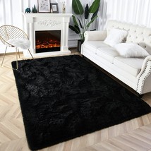 Prabia Super Soft Fluffy Shaggy Rugs 4X5.9 Feet For Living Room Bedroom,, Black - £32.06 GBP