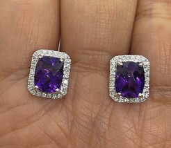 4Ct Cushion Cut Lab-Created Amethyst Halo Stud Earrings 14K White Gold Plated - £69.44 GBP