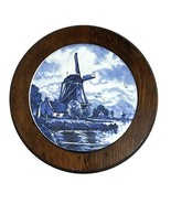 Vtg Delft Blue Windmill 6&quot; Tile Wood Framed Trivet Cheese Board Wall Art... - $33.25