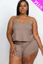 Plus Size Taupe Ribbed Strappy Top And Shorts Set - $12.00