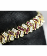 VINTAGE RUBY &amp; DIAMOND COCKTAIL 14K YELLOW GOLD STRAP BRACELET 7&quot; - $3,053.28 CAD