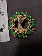 GERRYS Signed Vintage Christmas Brooch Pin 2” Wreath Rudolf Crystal Rhin... - £9.84 GBP