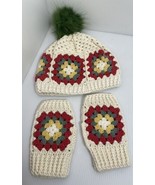 Granny Square Beanie Hat &amp; Fingerless Gloves Cream Yellow Green Red Women’s - $16.36