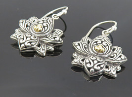 925 Sterling Silver &amp; 18K GOLD - Vintage Lotus Flower Dangle Earrings - EG3334 - £42.50 GBP