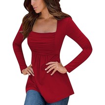 Womens Square Neck Ruched Tops Empire Waist Tunics Long Sleeve Burgundy 2XL - £15.69 GBP