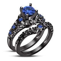 14k Black Gold Finish 2ct Round Cut Blue Sapphire Wedding Bridal Ring Set - £59.77 GBP