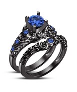 14k Black Gold Finish 2ct Round Cut Blue Sapphire Wedding Bridal Ring Set - $102.50 CAD