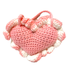 Vintage Handmade Crocheted Plush Pink White Heart Door Knob Hanger Ruffl... - $14.04