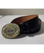 1977 The Kinney Co Brass Buckle &quot;Jack&quot; &amp; Tooled Leather Belt Black Sz 32 - £17.87 GBP