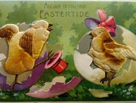 Easter Postcard 3-D Raised Image Fabric Fantasy Chicks On With Top Hat Germany - £23.03 GBP