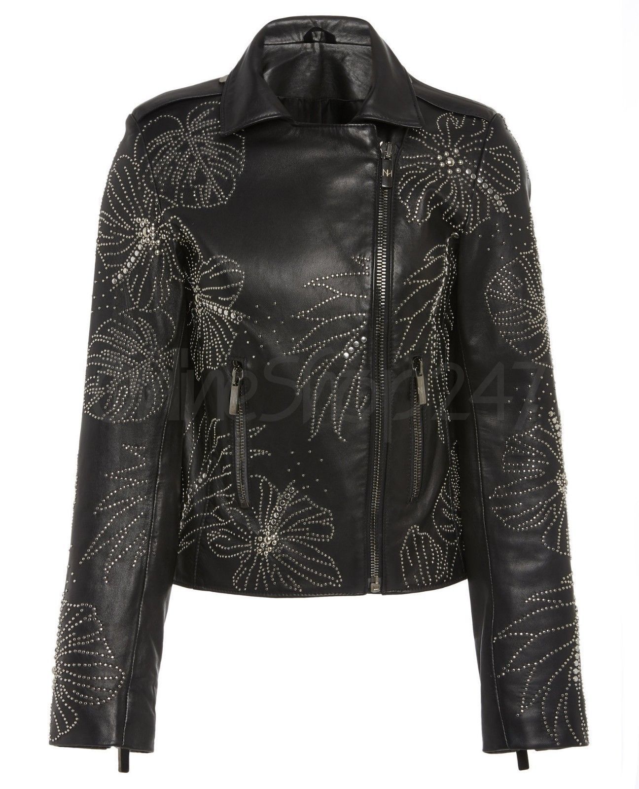 Primary image for New Women Black Full Flower Unique Designed Silver Studded Zipper Leather Jacket