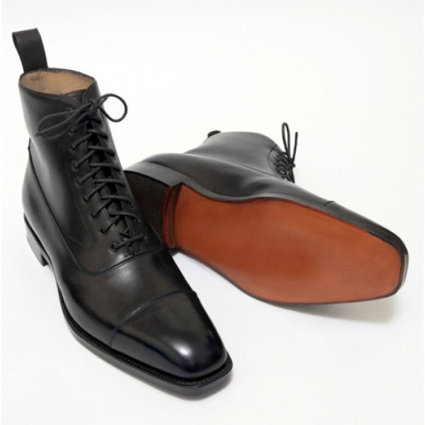Hand Made Men Black Cap Toe LaceUp Derby Genuine Real Leather Ankle Boot US 7-16