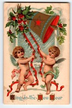 New Year Postcard Cherub Angels Ring Bell Vintage 1910 Embossed Holly Leaves - £10.43 GBP