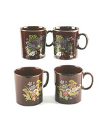 Brown Coffee Cups w Gold Rim Trim SI Japan 4-pc Set Flowers Oriental Cart - £22.30 GBP