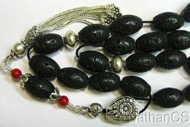 Greek Komboloi Worry Beads Black Lava Red Coral &amp; Sterling Silver - £135.50 GBP