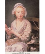 Painting Art Print Girl and Cat - The Ball of Wool by J. B. Greuze  5.5&quot;... - £3.73 GBP