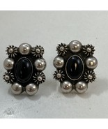 Taxco TC-275 Mexico Onyx &amp; Beaded Sterling Silver 925 Modernist Clip Ear... - $60.98 CAD