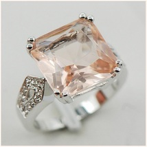 Champane Morganite Pale Nude Blush Prong Set Crystal Sterling Silver Plated Ring