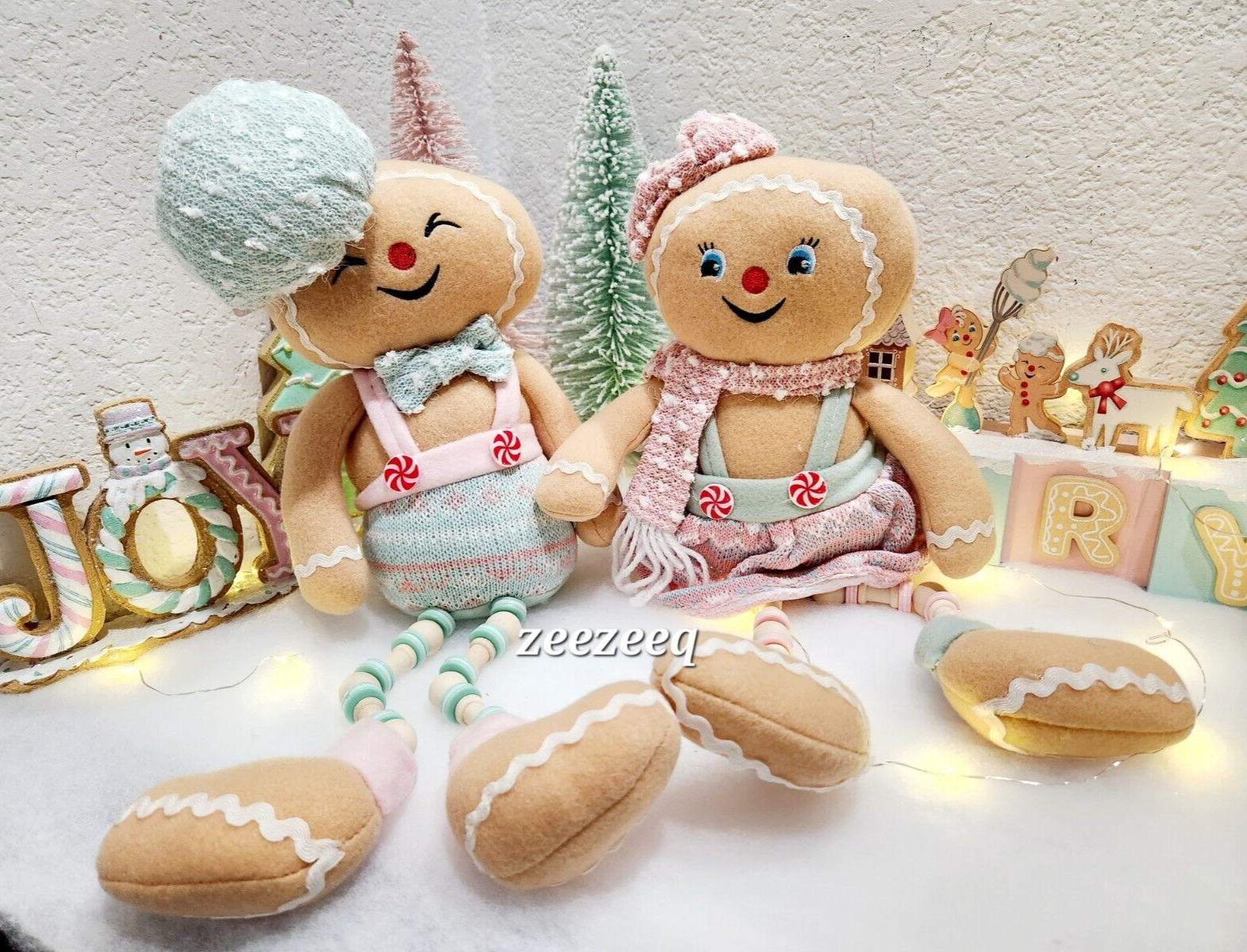Christmas Pastel Gingerbread Couple Boy Girl Dolls Shelf Sitter Mantel Decor