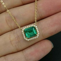 14k White Gold Plated 1.10 Ct Emerald Cut Green Emerald Halo Pendant Free Chain - £74.14 GBP