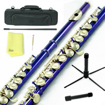 Sky Blue Gold C Close Hole Flute w Case, Stand, Cleaning Rod, Cloth and ... - $139.99