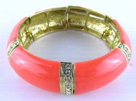 Kenneth Jay Lane, Coral Enamel Stretch Bracelet, 2.5 inch, Gold and Rhinestone - $51.10