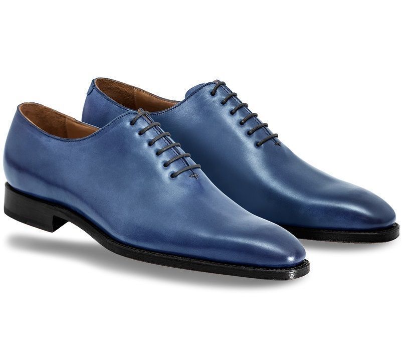 Men Oxford Blue Handmade Plain Toe Black Sole Leather Formal Dress Shoes US 7-16