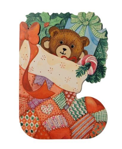 Primary image for VTG Hallmark Christmas Greeting Cards (4 ) Stocking w/ Embroidered Teddy Bear 