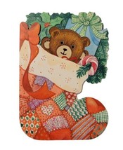 VTG Hallmark Christmas Greeting Cards (4 ) Stocking w/ Embroidered Teddy Bear  - £11.98 GBP