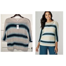 J. Jill Open-knit Sweater XS Petite Linen Blend 3/4 Sleeve Beige Teal Ombré - £19.53 GBP