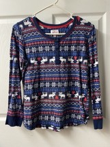 Lanz PJ Top Womens Medium Blue Jerseyk Reindeer Knit Henley Shirt Moose - £9.92 GBP