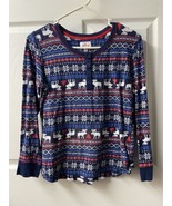 Lanz PJ Top Womens Medium Blue Jerseyk Reindeer Knit Henley Shirt Moose - $12.75