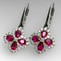 4 CT Pear Cut Pink Ruby Drop Dangle Flower Shape Earrings In 14k White Gold Over - £82.89 GBP