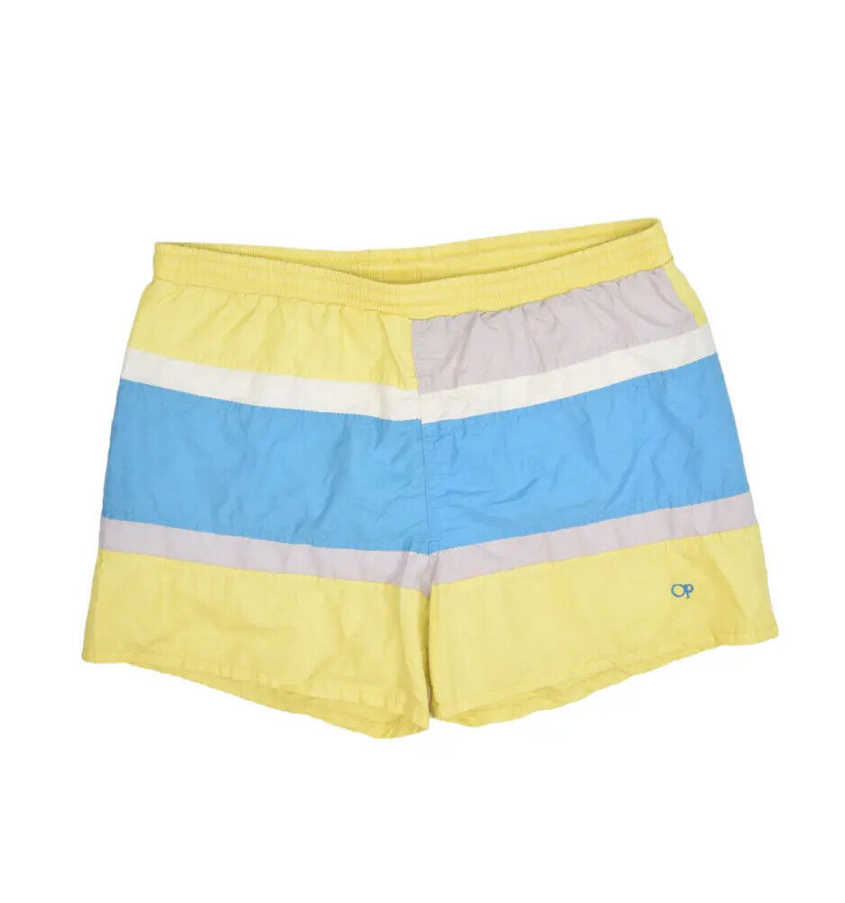 Primary image for Vintage Ocean Pacific Swim Trunks Mens L Striped Yellow Blue Beach Surf 4.5"
