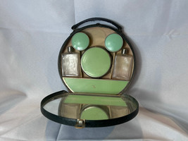 Art Deco Ladies Travel Case Vanity Dresser Top Jars And Bottle Green Enamel - £47.26 GBP