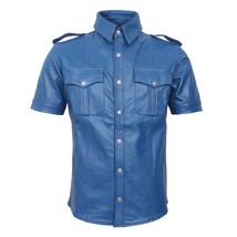 Men&#39;s Real Blue Leather Police Style Uniform Shirt Short Sleeves Gay BLU... - $94.99