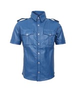 Men&#39;s Real Blue Leather Police Style Uniform Shirt Short Sleeves Gay BLU... - $1,811.89 MXN